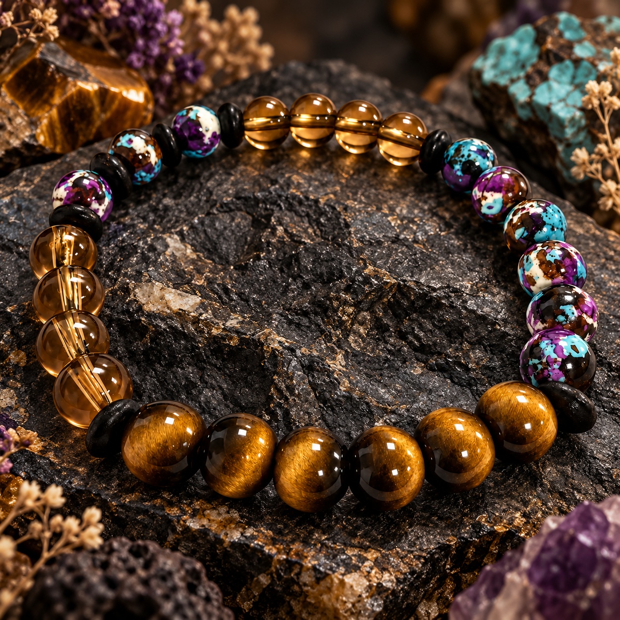 Wealth-Attracting Beaded Bracelet with Tiger's Eye & Turquoise